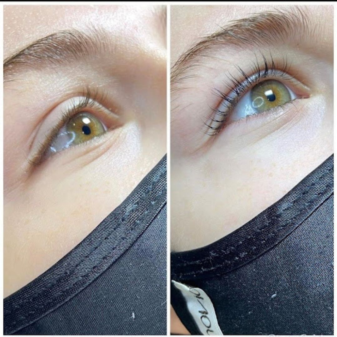 Before and after shot of a lash lift and tint.